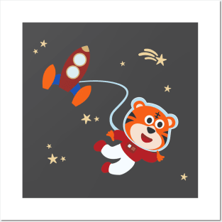 Space tiger or astronaut in a space suit with cartoon style Posters and Art